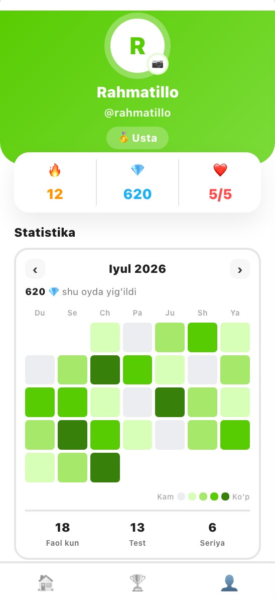 Avtolingo ilovasi ekrani: profil, olmoslar va oylik statistika kalendari