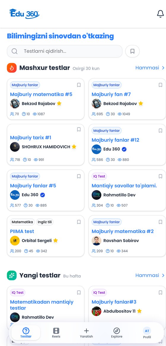Edu360 testlar bo'limi: mashhur va yangi testlar ro'yxati, muallif va yechilganlar soni